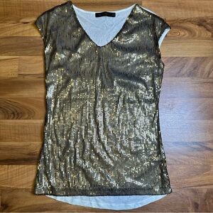 The Limited Women’s Shirt Cap Sleeve Sequins Front V Neck Cream And Gold Size XS